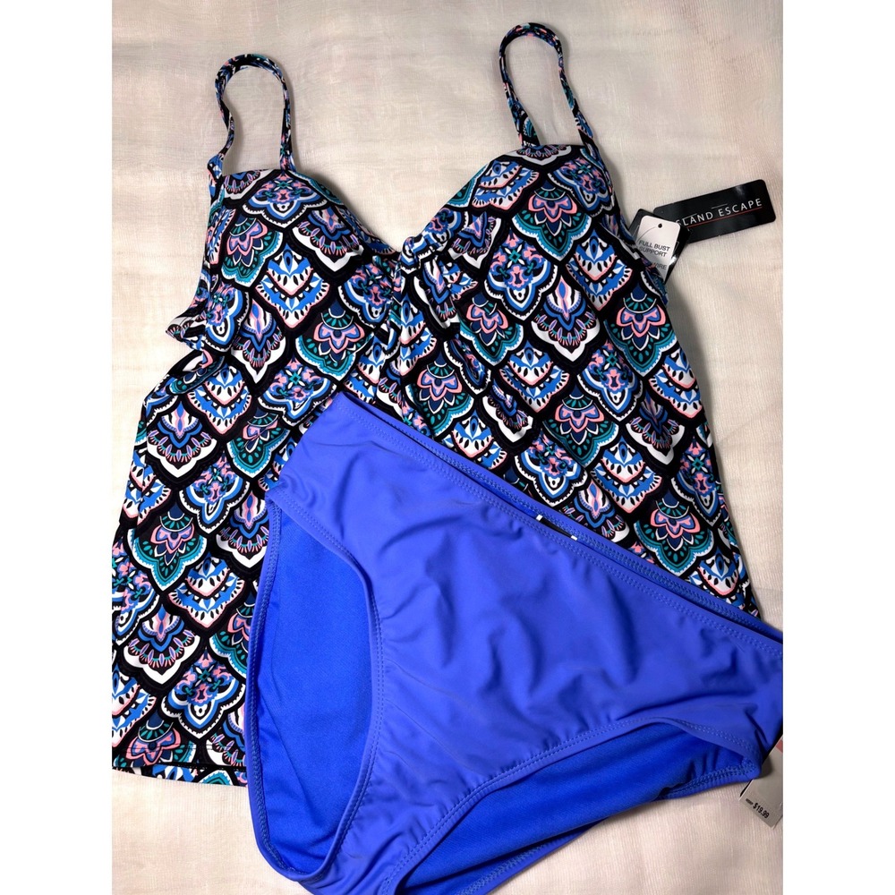 Island Escape 8/10 Tankini Swimsuit Set Womens Blue Multi Paisley